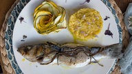 Gegrillter Wolfsbarsch an Zitronenrisotto und Zucchini-Röschen