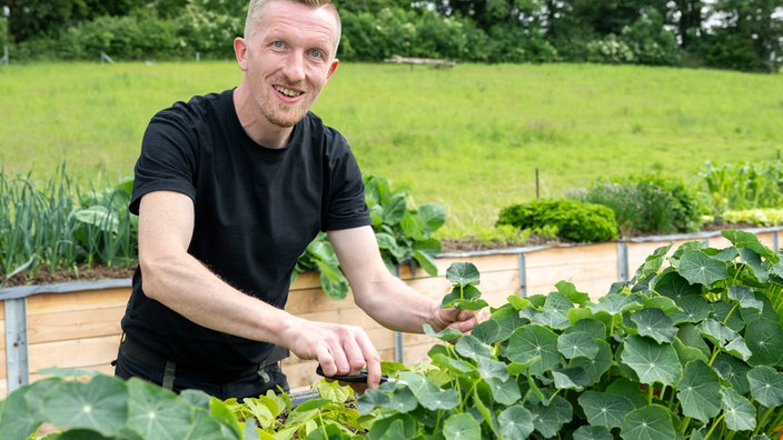 Michael Peine an einem Hochbeet. 