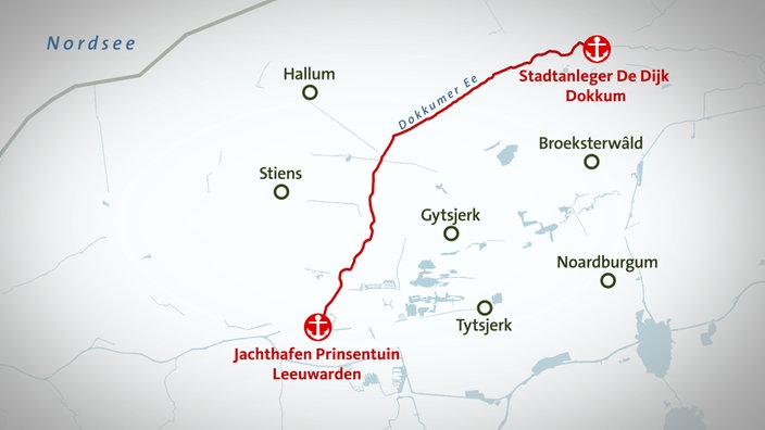 Grafik: Karte und Strecke von Dokkum nach Leeuwarden