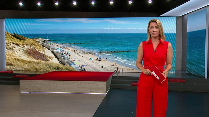 Catherine Vogel steht im Markt-Studio. Im Hintergrund sieht man eine Drohnenaufnahme eines Strandes.