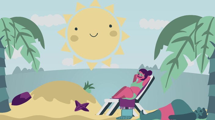 Zwei Personen liegen am Strand und genießen die Sonne. 