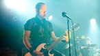 Der Frontmann des Trios ist auf das Gitarre spielen konzentriert.