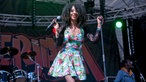 Die Sängerin Hollie Cook im Flamingobedruckten Kleid