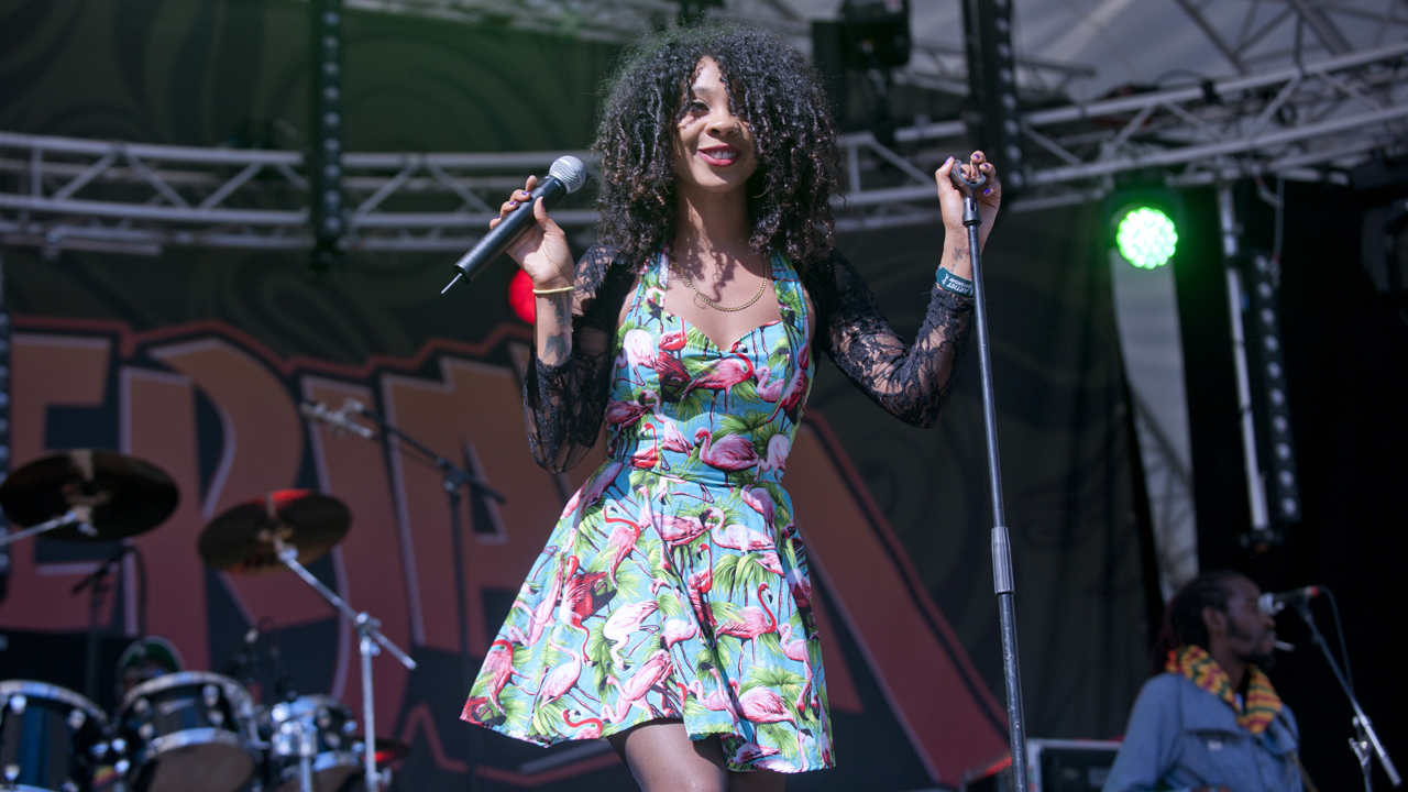 Die Sängerin Hollie Cook im Flamingobedruckten Kleid