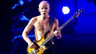Bassist guckt mit einem erstaunten Gesichtsausdruck in die Kamera, während er spielt; der Hintergrund ist dunkelblau beleuchtet