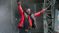 Der Frontmann von Skindred hebt die Arme nach oben