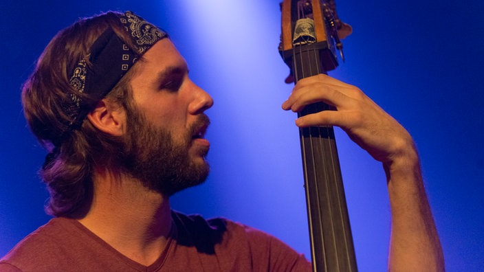 Kontrabassist von Tim Vantol in der Nahaufnahme schaut auf sein Griffbrett