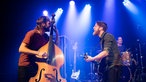 Gitarrist und Kontrabassist von Tim Vantol blicken sich fröhlich an und spielen sich stimmungsvoll auf