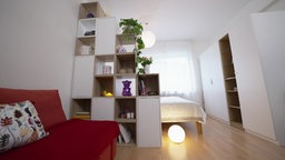 Ein Raumtrenner welcher Couch und Bett separiert.