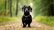 Ein kleiner Hund mit schwarz-braunem Fell steht auf einem Waldweg und schaut in die Kamera 