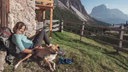 Eine Frau und ein Hund liegen auf einer Wiese mit Alpenpanorama im Hintergrund 