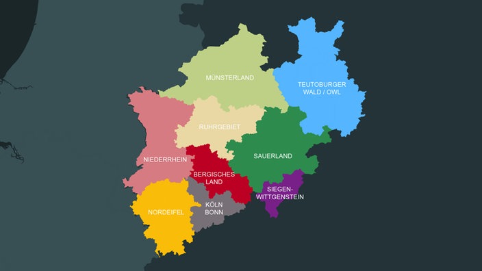 Grafik von NRw, mit den neun Regionen, wie wir sie für "Unser Westen" aufgeteilt haben.