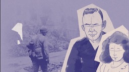 Schwarz-weiß Skizze von Mann mit Kind, Soldat im Hintergrund