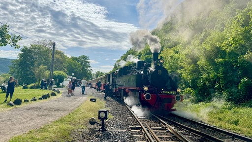 Dampflok mit Wagons steht am Bahnhof.