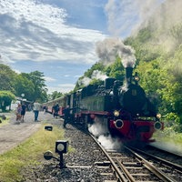 Dampflok mit Wagons steht am Bahnhof.