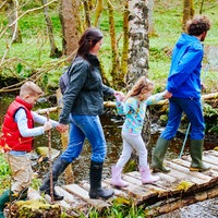 Eine Familie überquert bei einer Wanderung einen Bach auf einer Holzbrücke.