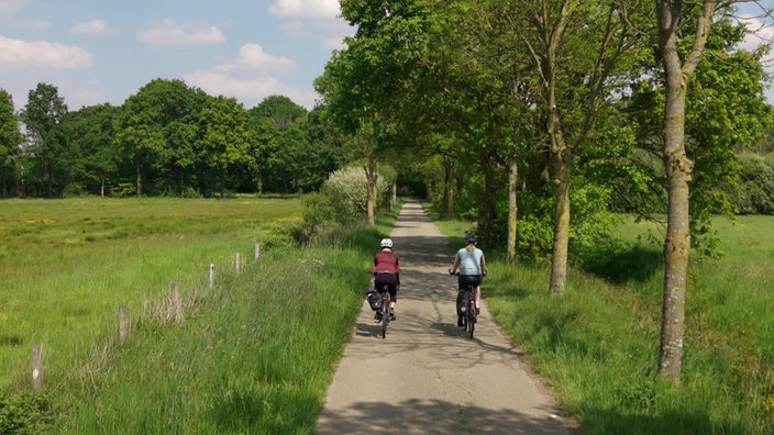 Zwei Fahrradfahrerinnen fahren auf einem breiten Asphaltweg, der durch eine grüne Landschaft in den Niederlanden führt 