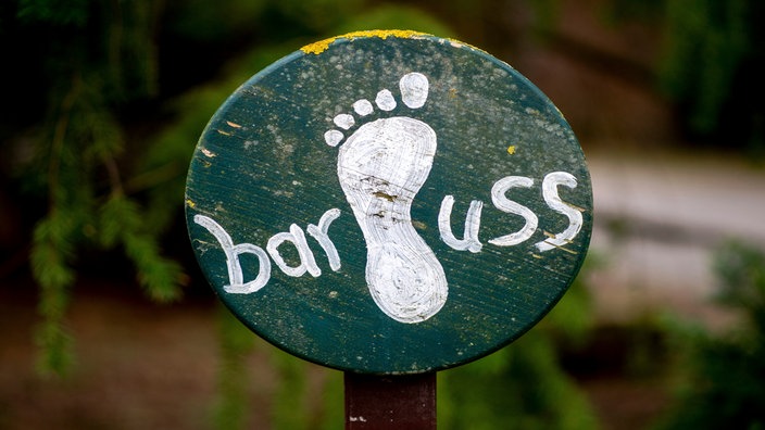 Ein grünes Schild mit der Aufschrift Barfußpfad steht an einem Feldweg.