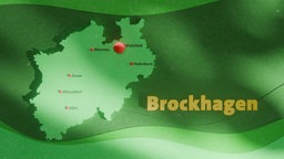 Das Bild zeigt eine Karte von NRW. Darauf wird das Dorf Brockhagen lokalisiert.
