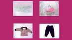 Abbildungen von Babykleidung: ein türkiser Strampler mit pinkem Elefantenmotiv, ein rot, weiß und schwarz gestreiftes Hemd mit schwarzem Kragen und eine lila Samthose.