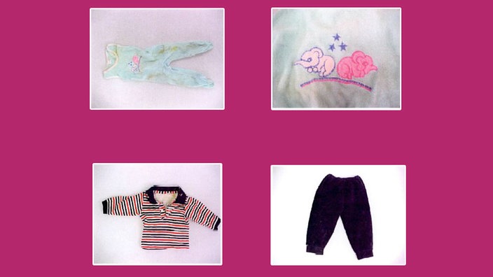 Abbildungen von Babykleidung: ein türkiser Strampler mit pinkem Elefantenmotiv, ein rot, weiß und schwarz gestreiftes Hemd mit schwarzem Kragen und eine lila Samthose.