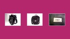 Drei Abbildungen eines schwarzen Lederrucksacks mit goldenen Beschlägen und einer Plakette mit der Aufschrift "viaggio Collection".