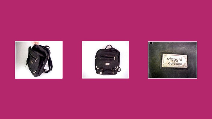 Drei Abbildungen eines schwarzen Lederrucksacks mit goldenen Beschlägen und einer Plakette mit der Aufschrift "viaggio Collection".