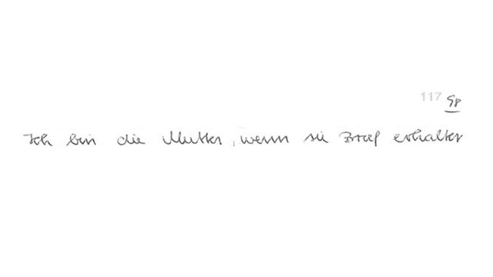 Ein Satz in schwarzer Schreibschrift auf einem weißen Blatt Papier mit dem Text "Ich bin die Mutter, wenn sie [] Brief erhalten".