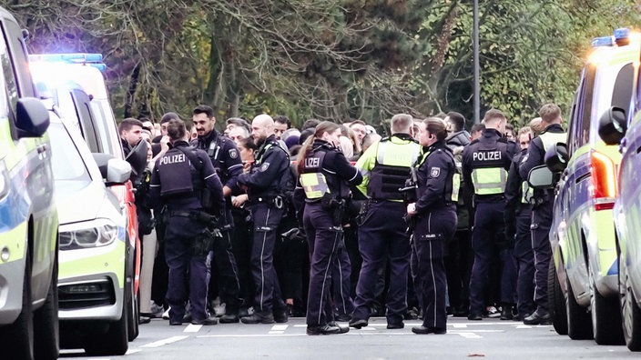 Dutzende Polizisten stehen versammelt auf einer Straße. Mehrere Polizeiautos sind zu sehen.