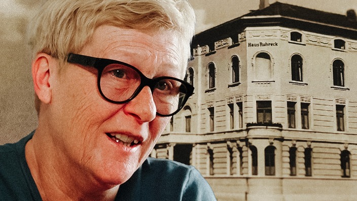 Bildcollage von Regina Konstantinidis aus Jülich als Kind vor dem Haus Ruhreck und als Erwachsene im Vordergrund