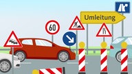 Illustration mit Auto und Verkehrsschildern