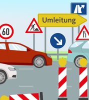  Illustration mit Auto und Verkehrsschildern