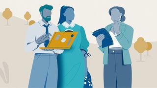 Grafik: Personengruppe mit Laptop