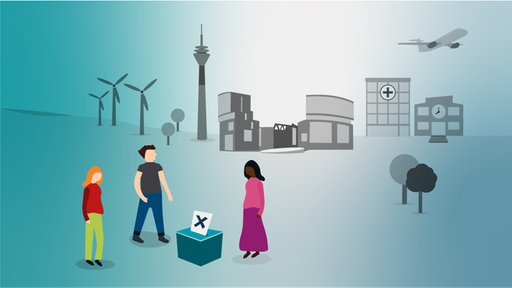 Illustration: Landschaft mit Dorf, Windräder, Fluss, Funkturm, NRW-Landtag, Krankenhaus, Sportarena und Flugzeug