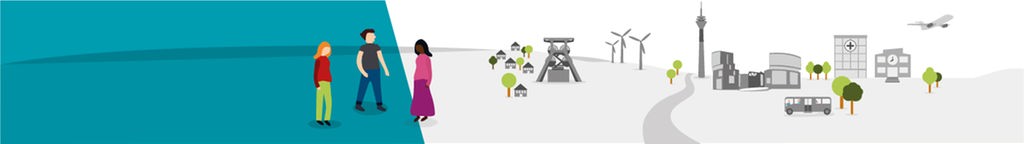 Illustration: Landschaft mit Dorf, Windräder, Fluss, Funkturm, NRW-Landtag, Krankenhaus, Sportarena und Flugzeug