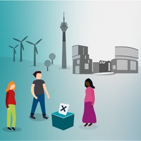 Illustration: Landschaft mit Dorf, Windräder, Fluss, Funkturm, NRW-Landtag, Krankenhaus, Sportarena und Flugzeug