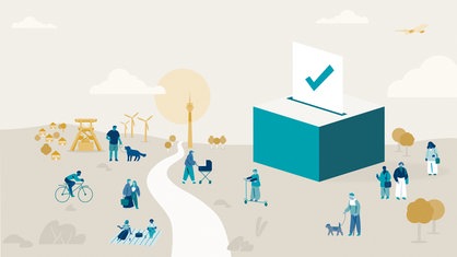 Illustration, die Menschen und bekannten Sehenswürdigkeiten von NRW zeigt. Eine große blaue Wahlurne steht rechts im Bild.