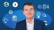 Montage: Jörg Schönenborn, im Hintergrund vernetzte Pictogramme zu KI