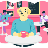 Ein Hund in Menschengestalt sitzt ohne Handy in einem Café. 