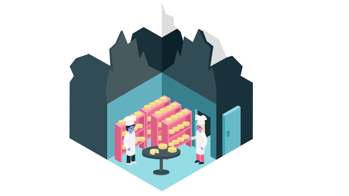 Eine Illustration eines alten Bunkers in dem Käse reift.