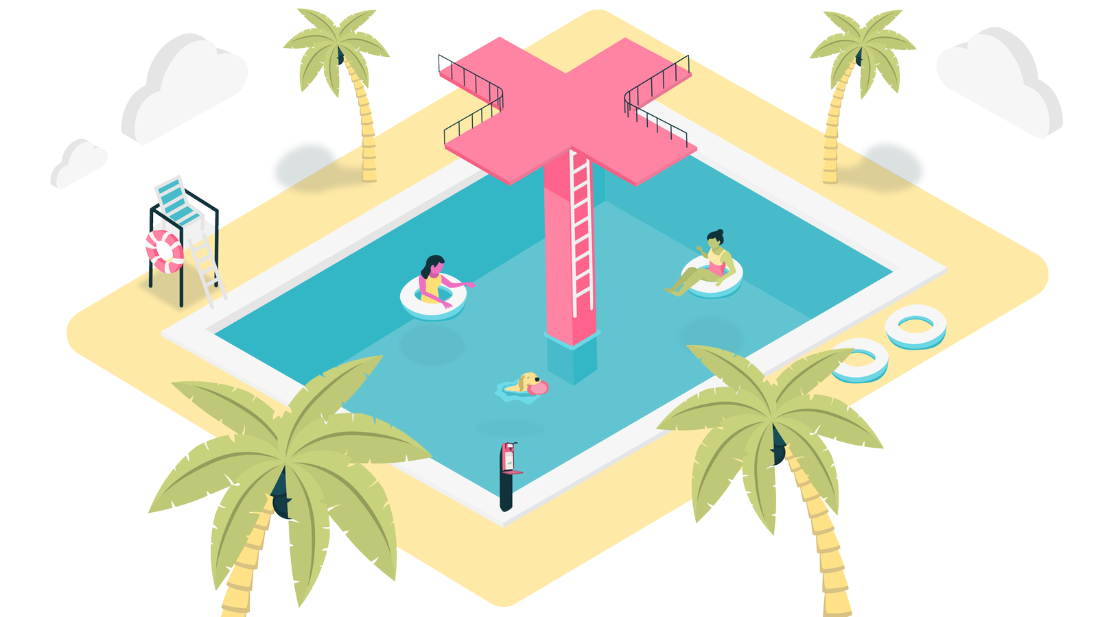 Mehrere Personen schwimmen in einem Becken. In der Mitte ist ein Springturm, der ein Sprungbrett in jede Richtung hat.