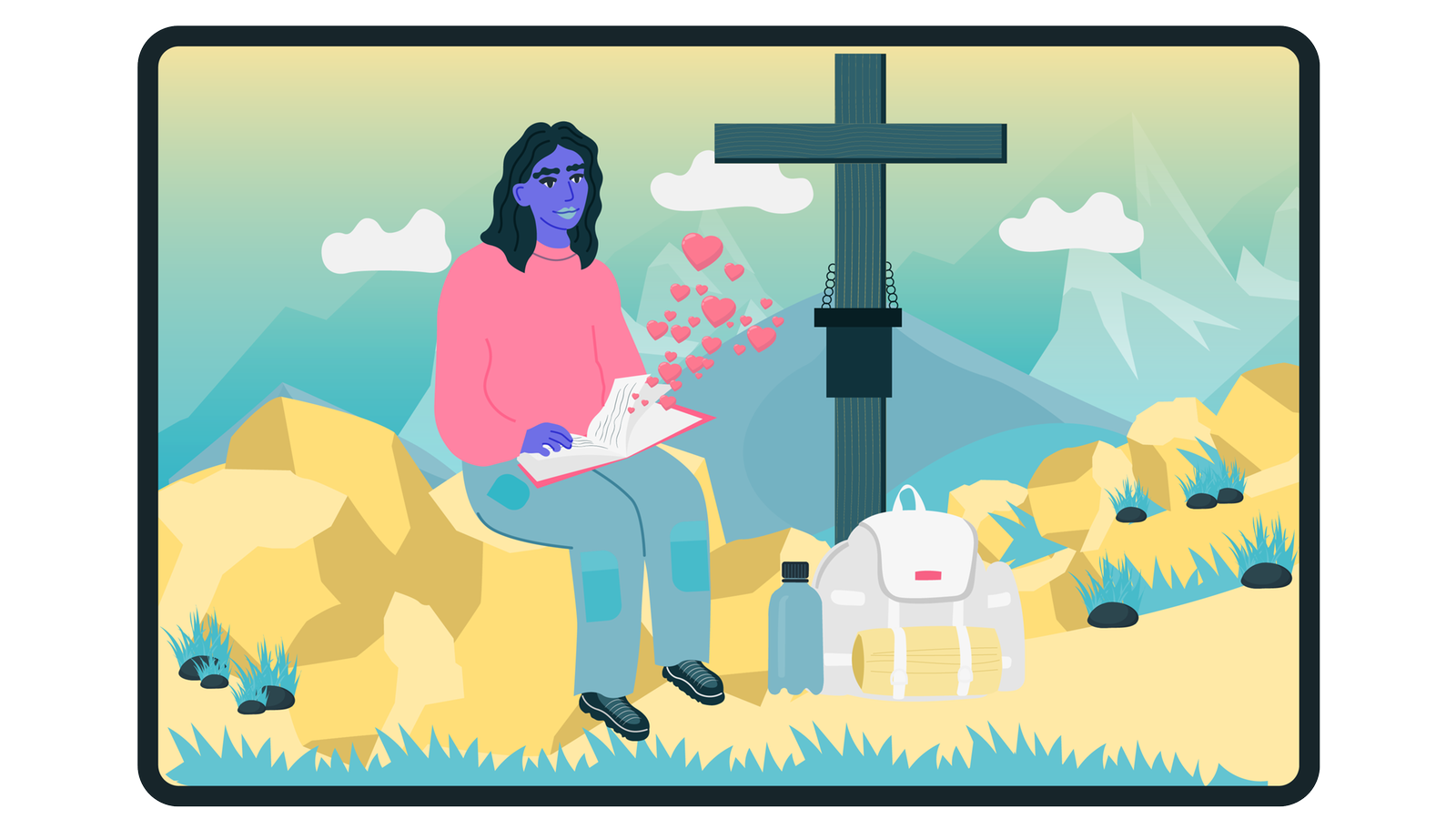 Ilustration einer Person, die auf einem Berggipfel sitzt und ein Buch auf dem Schoß hat, aus dem Herzen fliegen.