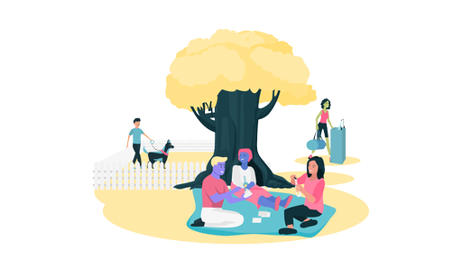 Eine Illustration eines Stadtparks mit Menschen die picknicken, einer Hundewiese und einem Trinkbrunnen.