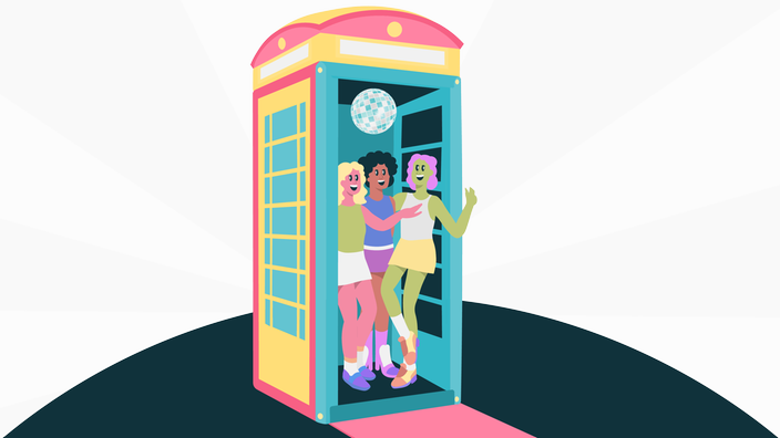 In einer umgebauten Telefonzelle findet eine Mini-Disko statt. Drei Frauen feiern darin.