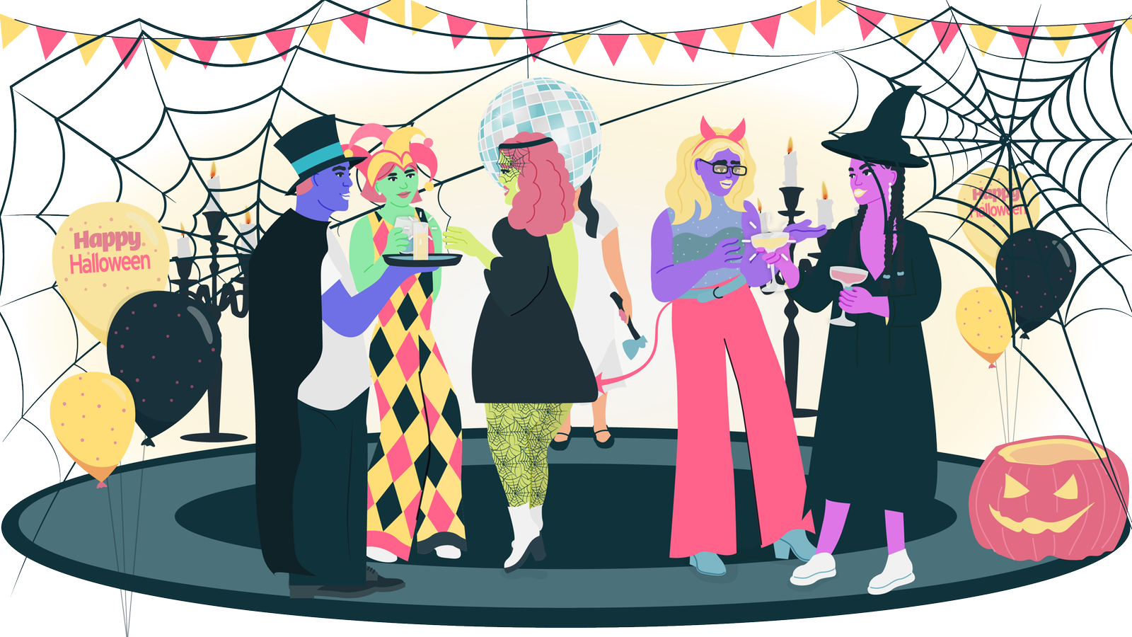 Eine Halloweenparty mit verkleideten Gästen und grusel Deko.