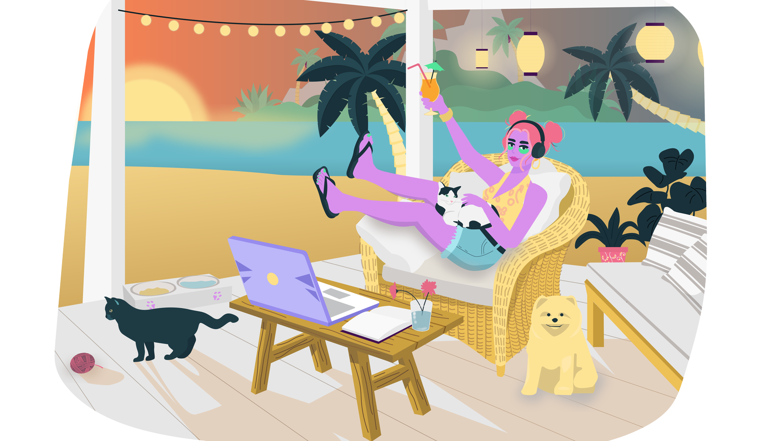 Das Bild zeigt eine illustrierte Frau, die Housesitting macht.