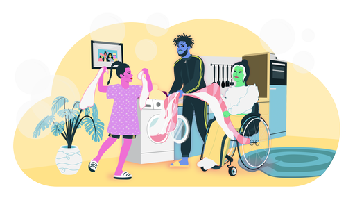 Ilustration einer WG, die gemeinsam die Wäsche macht.