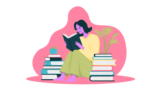 Eine Frau lesend, umgeben von Büchern.