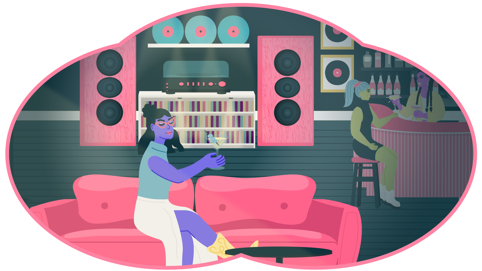 Eine Illustration einer Frau, die in einer Listeningbar sitzt.