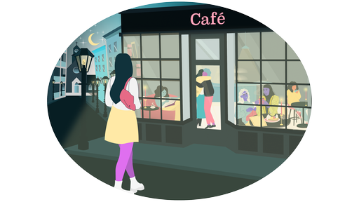 Eine Illustration eines Café bei Nacht.